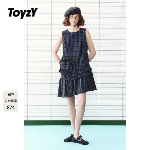 ToyzY不对称荷叶边格纹连衣裙2026夏新款miu系无袖女裙ZC36205530