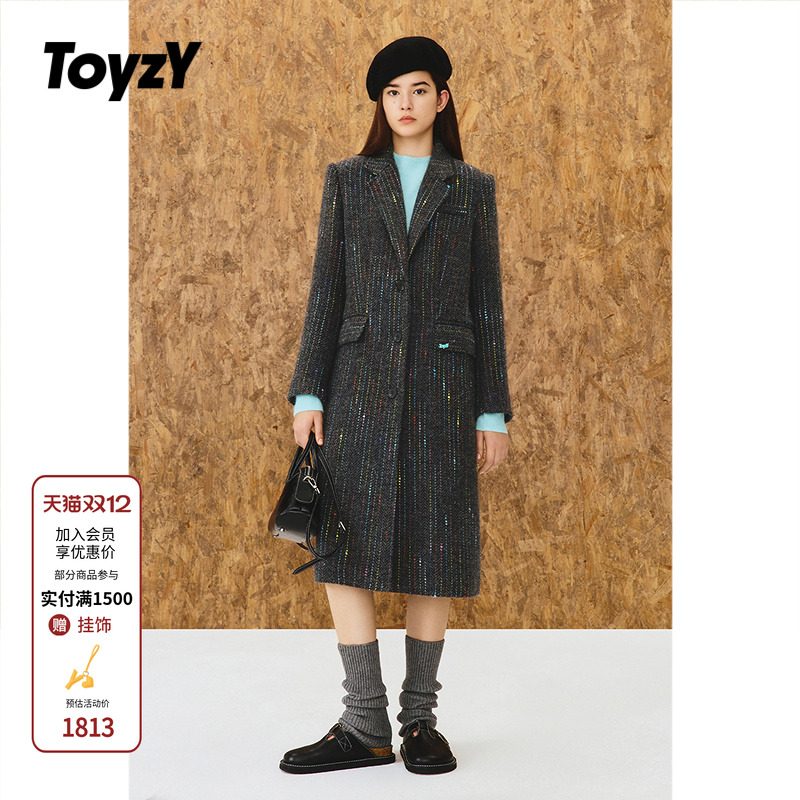 ToyzY彩点纱西装领大衣外套女长款羊毛混纺2025冬新品ZC35580060