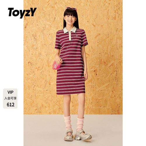 ToyzY2025夏季新款复古风美式撞色条纹polo短袖连衣裙休闲风