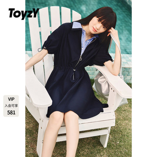 ToyzY假两件拼接格子衬衫抽绳松紧腰短袖连衣裙女夏季ZC35205410