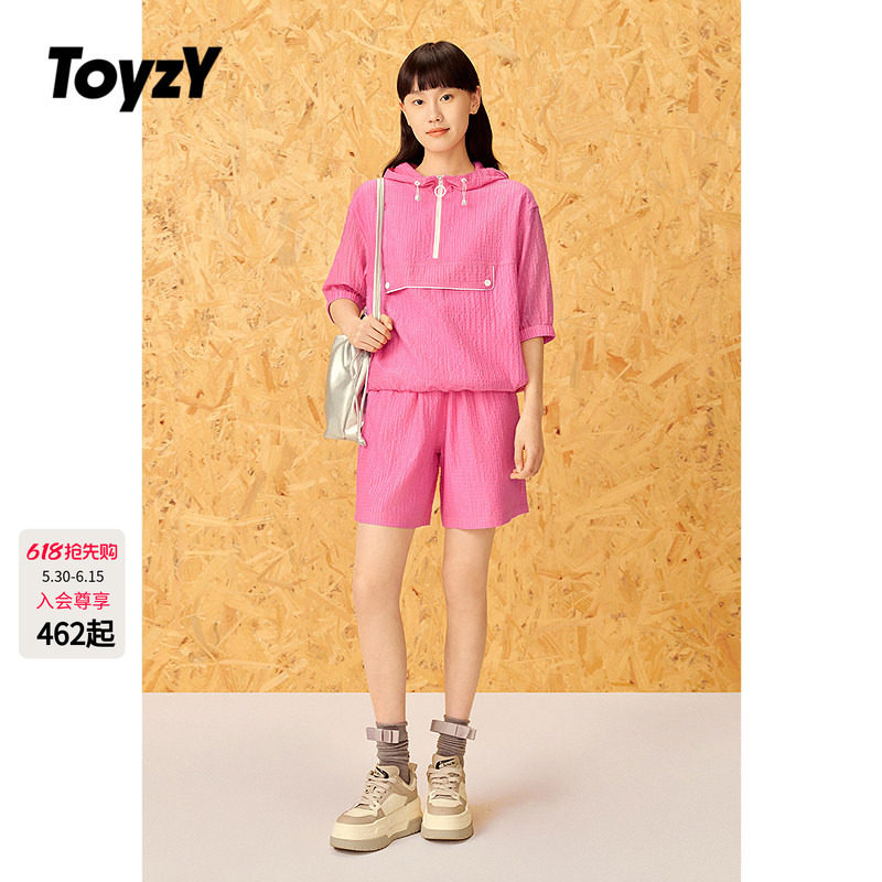 ToyzY2025夏季新款芭比粉休闲连帽短袖上衣女休闲卫衣/休闲短裤女
