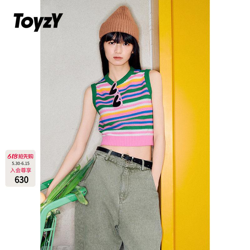 ToyzY多巴胺彩虹撞色条纹圆领针织背心上衣女短款夏季ZC35204060