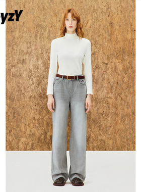ToyzY浅灰色加绒牛仔裤女直筒窄版阔腿裤2025冬新款ZC35520350