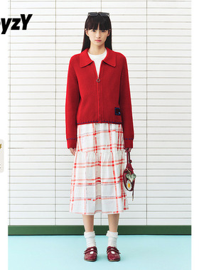 ToyzY红色翻领毛衣针织开衫女羊毛混纺2026春新款ZC36106090