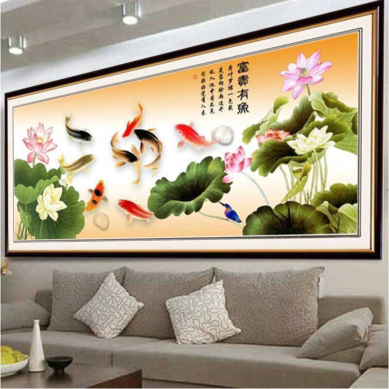 现货速发纯手工成品富贵有余连年有鱼九鱼图荷花鲤鱼新款客厅