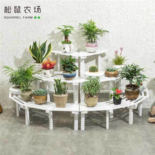 现货速发转角花架阶梯式多层落地圆形直角墙角架室内室外实木幼儿