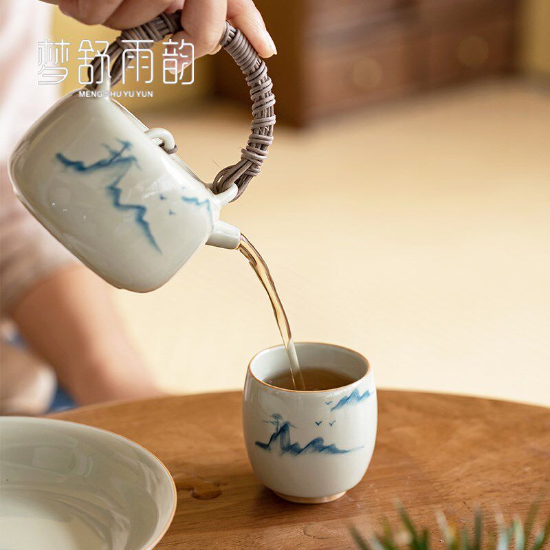 现货草木b灰手绘山水主人杯中式陶瓷茶杯单杯釉下彩男女对杯品茗