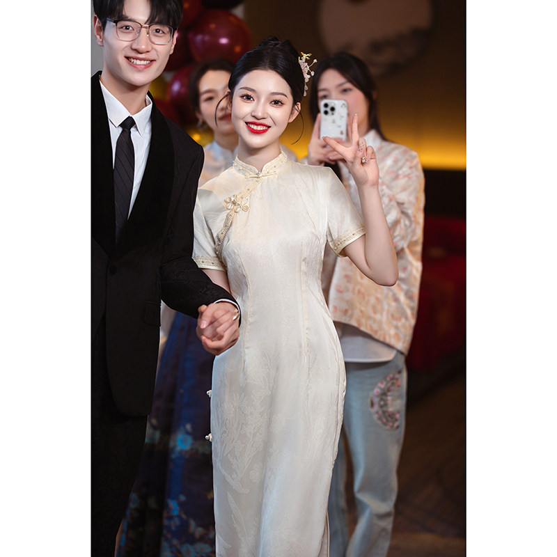 高货香槟色旗袍敬酒服新娘中式订婚礼服裙回门结婚便装领证登记连