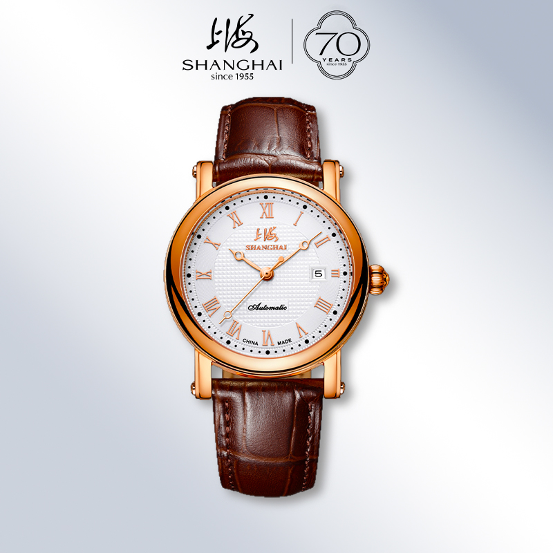 上海手表国民系列复古自动机械表透底日历皮带男腕表X627节日礼物