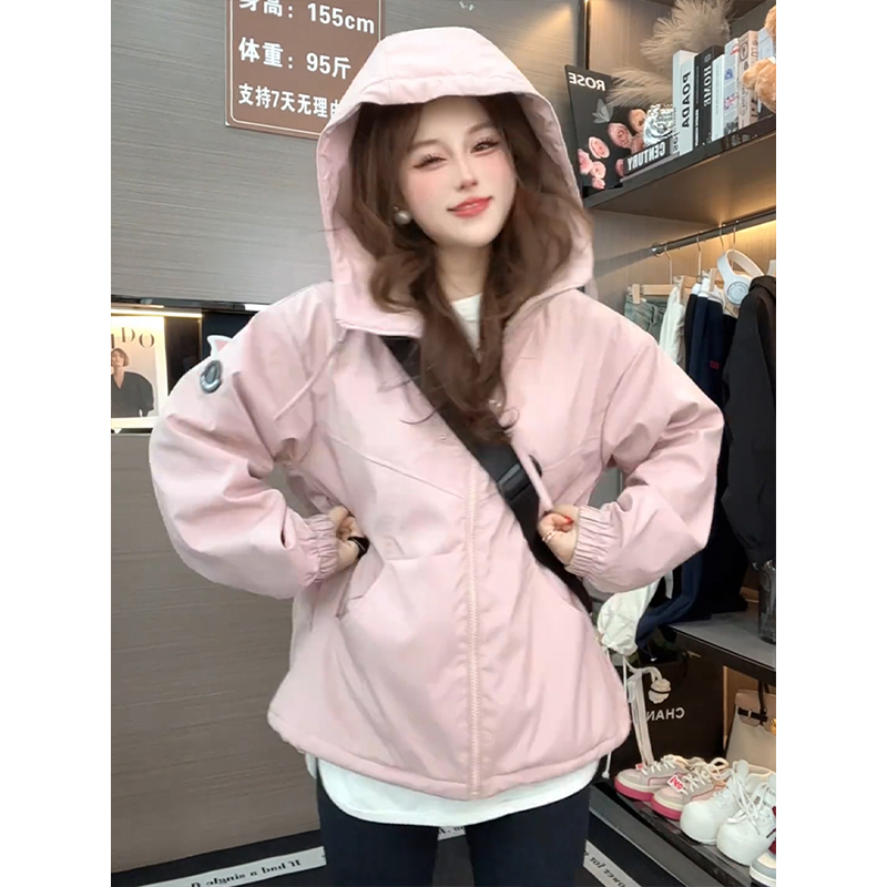 加绒加厚双拉链连帽冲锋衣外套女2025冬季新款百搭小个子棉服上衣