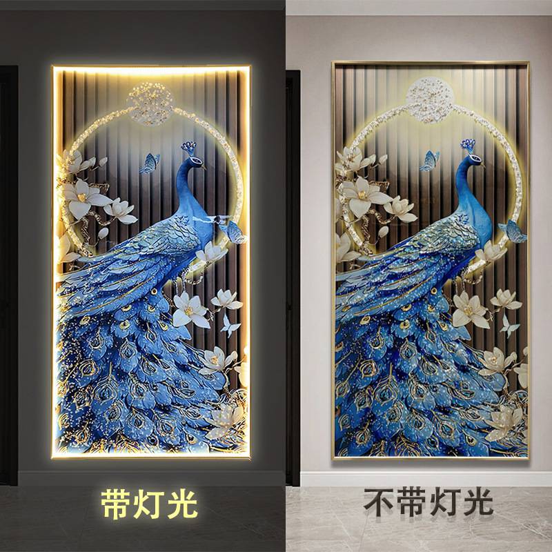 新中式孔雀入户玄关装饰画轻奢高档LED发光晶瓷镶钻走廊过道壁画图片