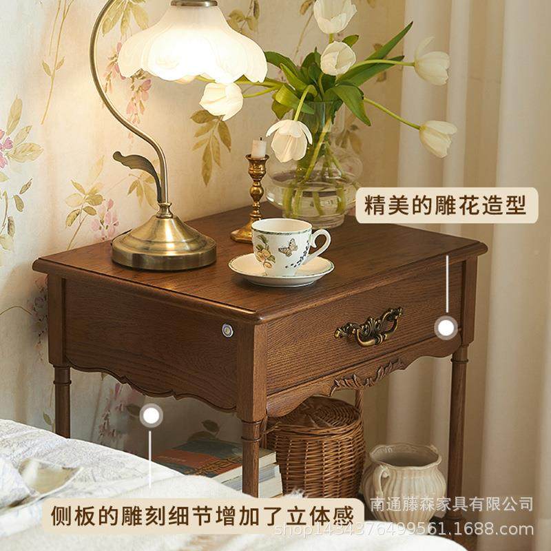 美式无品牌/实木床头家柜用室收纳卧复古带灯床边柜子小置物柜