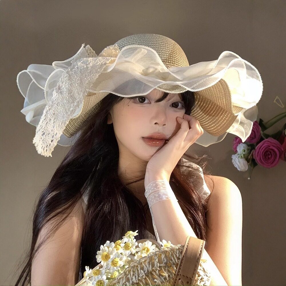 法式蕾丝蝴蝶结大帽檐遮阳防晒