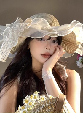 法式蕾丝蝴蝶结大帽檐遮阳防晒