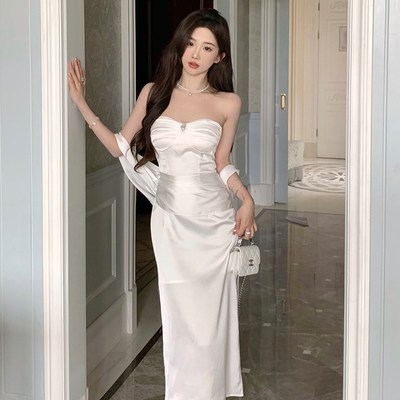 速发法式生日pty小礼服裙高端轻奢小众气质名媛一字肩抹胸连衣裙