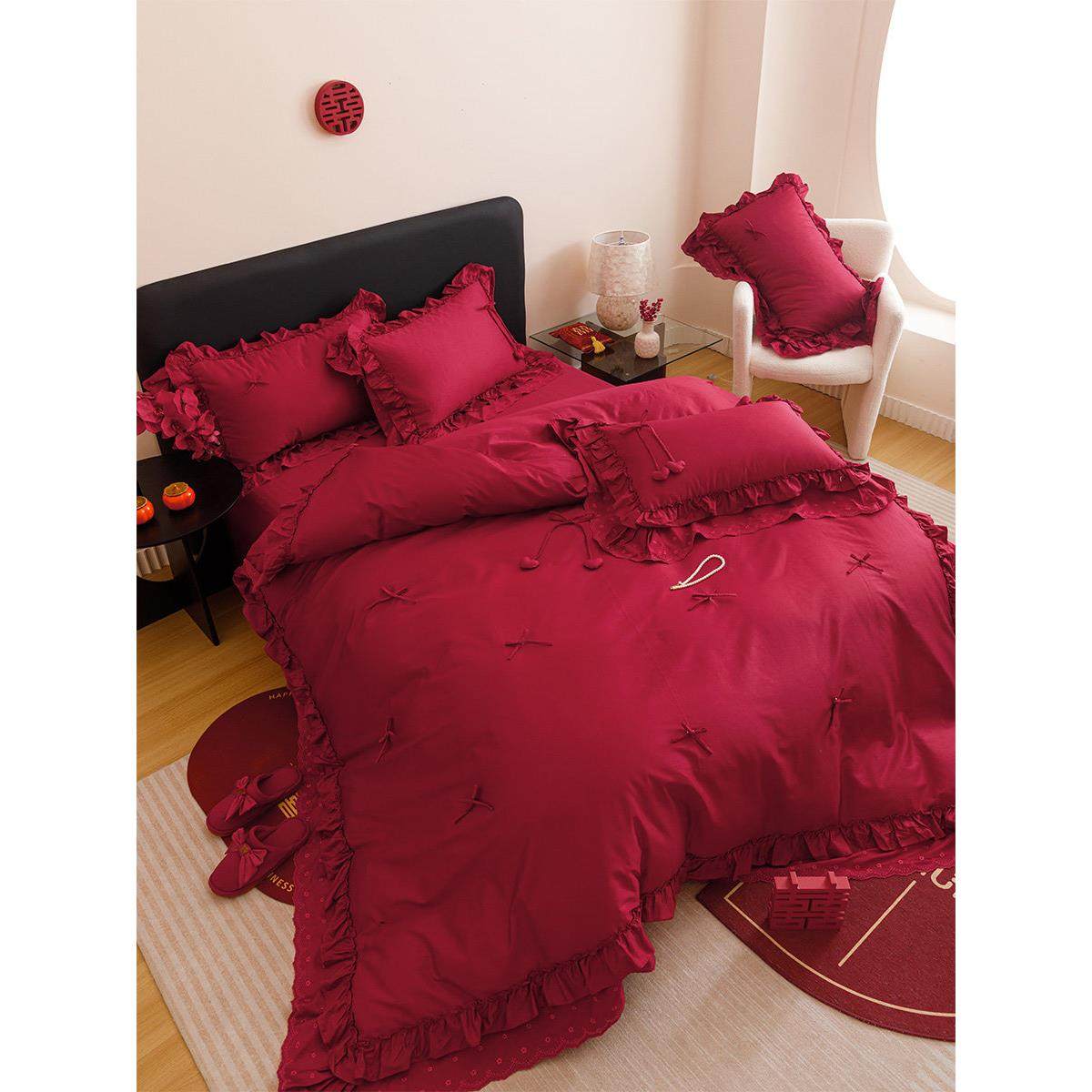 甜蜜之约婚庆四件套全棉立体蝴蝶结法式花边结婚被套床单床上用品,床上用品,婚庆床品套件,淘宝优惠券,粉丝福利购,淘宝优惠卷