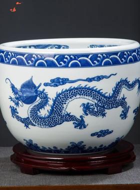 景德镇陶瓷器青花双龙戏珠聚宝盆金鱼缸风水玄关开业摆件 书画缸