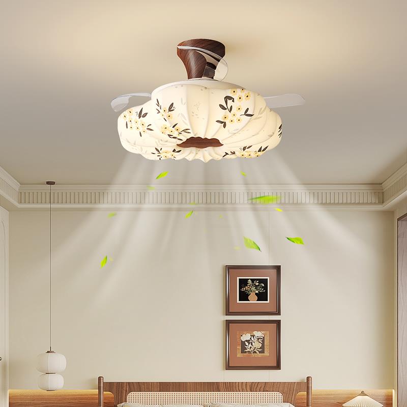 法式中古风卧室灯布艺花纹吊扇灯全光谱护眼饭厅隐形吊扇一体灯具