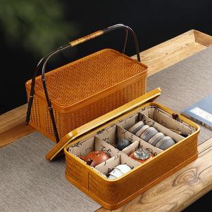 手工竹编提篮 便携茶具收纳盒 中式 复古长方形家用带盖防尘收纳筐