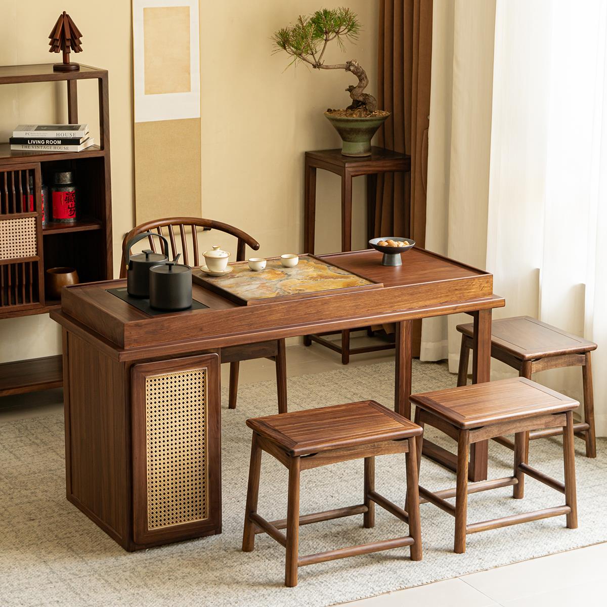 单里北美黑胡桃木纯实木茶桌简约家用客厅阳台桌椅组合新中式新款