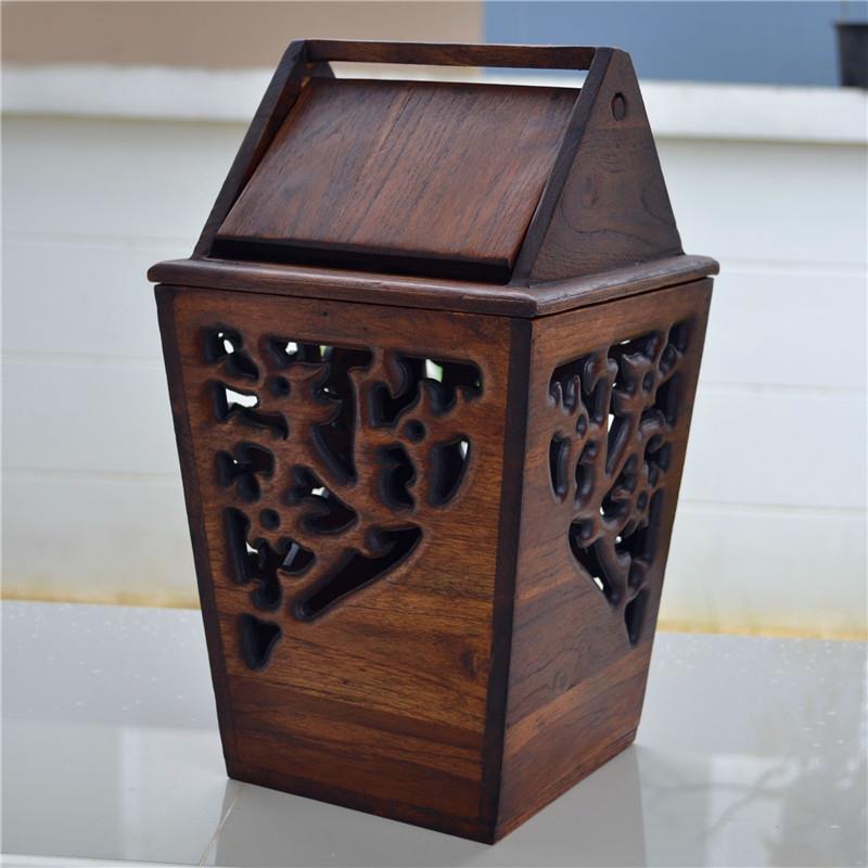 泰国实木木雕带盖垃圾桶家用有盖酒店饭店复古纸篓户外垃圾桶翻盖