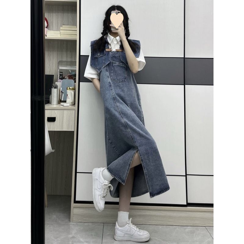 现货速发盐系不规则开叉牛仔背带裙复古宽松遮胯长款吊带连衣裙夏
