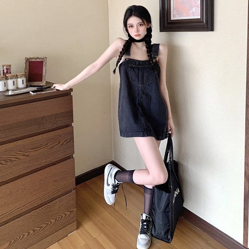 现货速发辣妹黑色牛仔背带短裙2025夏季新款小个子复古减龄吊带连