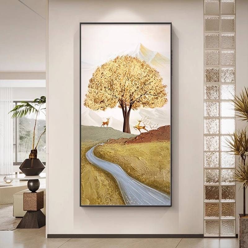 招财满树玄关装饰画福鹿生财寓意好走廊过道挂画抽象发财树墙壁画图片