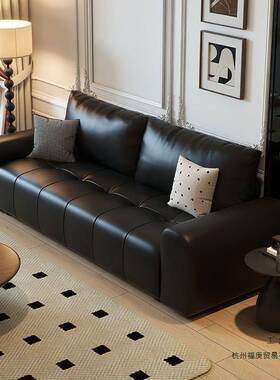 黑色极简沙发小户型意式简轻奢复古公寓客厅家用轻奢出租直排皮艺