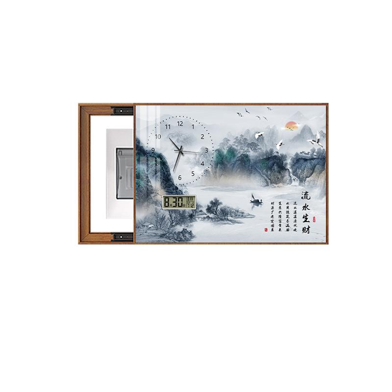 山水画电表箱装饰画带钟表免打孔新中式遮挡画万年历电子钟挂画