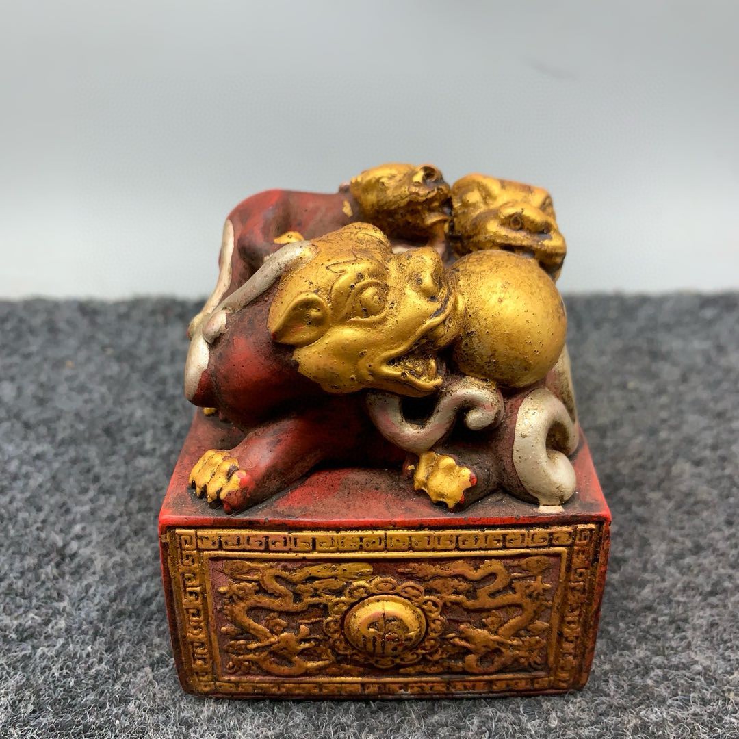 古玩仿古寿山石雕朱砂描金印章57八龙三貔貅玉玺摆件带字客厅装饰