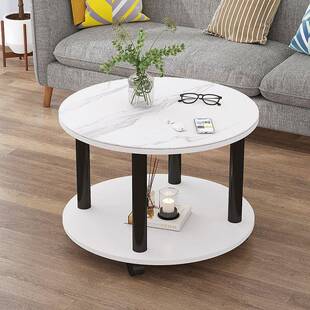 圆形喝岩板玻璃板茶几小户型QOY客厅茶家用边几木桌加轮子可移动