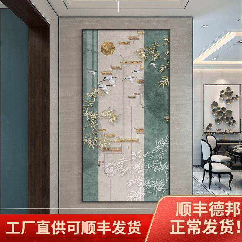 新中式玄关挂画大气复古山水装饰画酒店茶室过道走廊建筑楼阁壁画图片