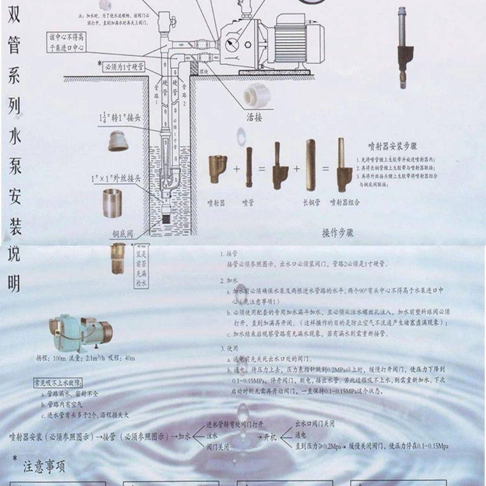 家增全自用双管自吸泵喷射泵高吸程抽水泵深井压泵动高扬AOC程抽