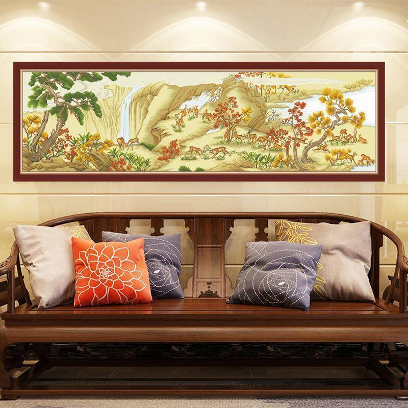 百鹿图十字绣2025新款线绣客厅大幅风景名画自己绣手工山水画收藏
