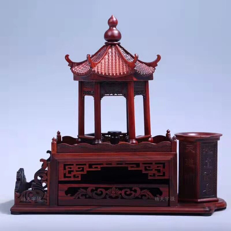 红酸枝六角亭木雕复古笔筒
