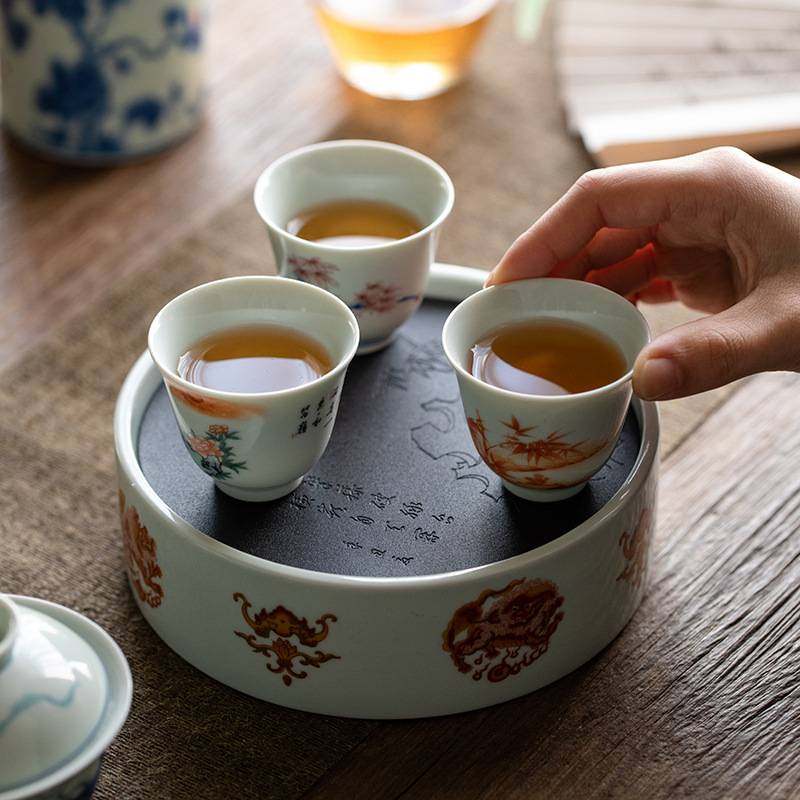 仿古青花釉里红壶承双层干泡台茶承家用养壶紫砂壶储水底座壶托盘
