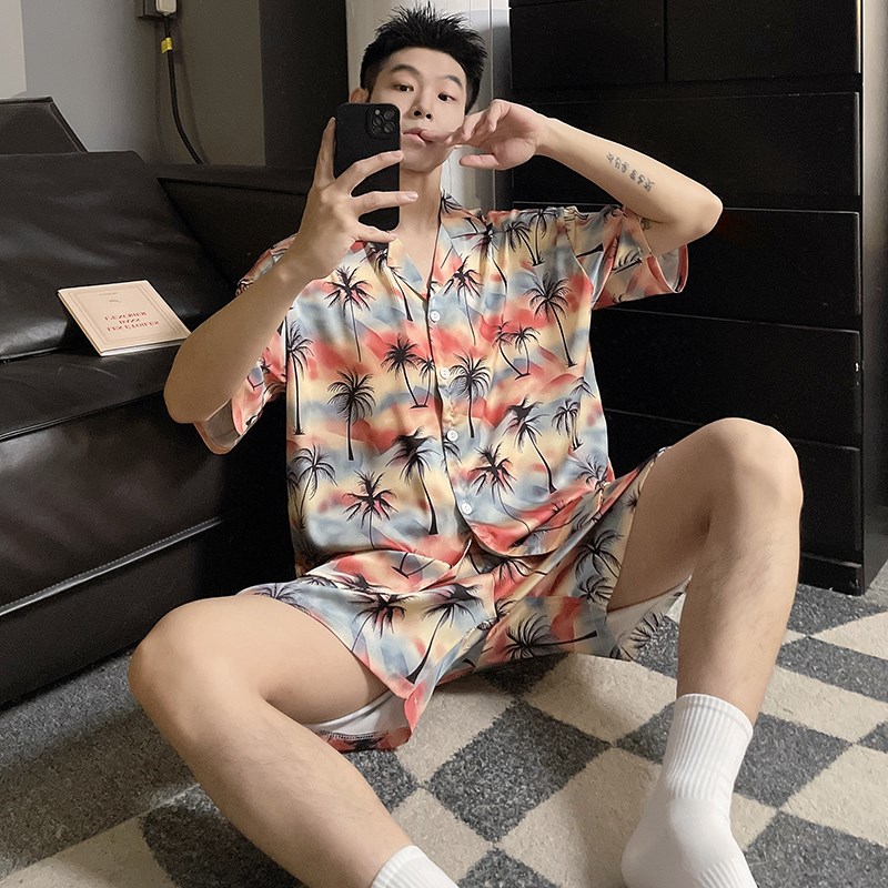 速发情侣睡衣夏季薄款复古椰树男套装海边度假风大码家居服