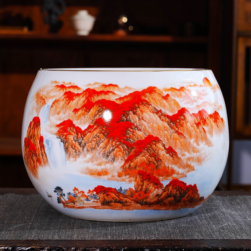 速发居德镇陶瓷玄鸿运当头聚宝盆摆件中式家景饰品客厅器关养鱼缸