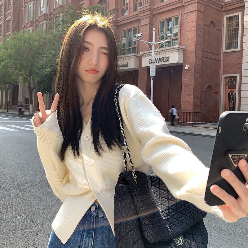 速发新款感针织上衫2025短季收腰韩版长袖外套V领毛衣春款开衣