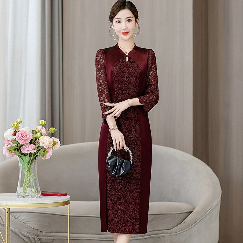 速发喜结婚婆宴礼服喜妈妈年轻遮肚子婆婚改良长袖旗袍连衣裙款