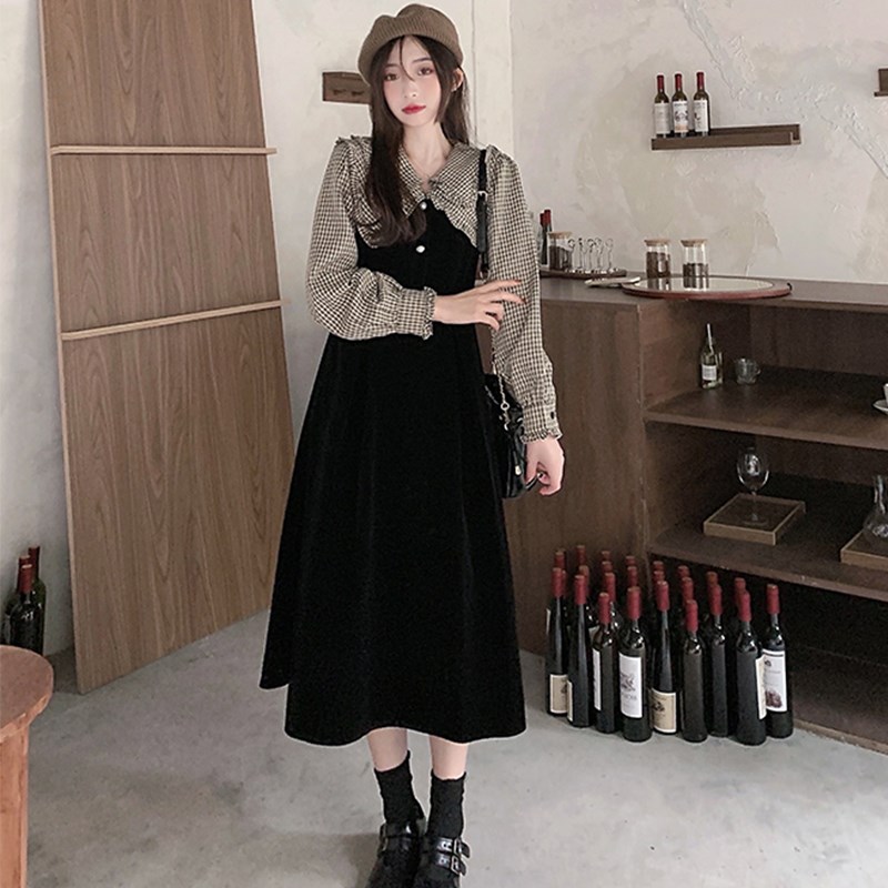 速发大码装复春大翻领金丝古打底衫绒秋泡泡袖格子连衣裙