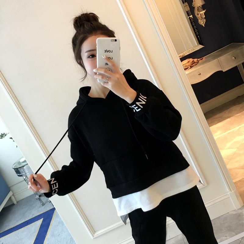速发韩版新款200斤时尚百搭个动运松服黑色套装学生大码宽性两件