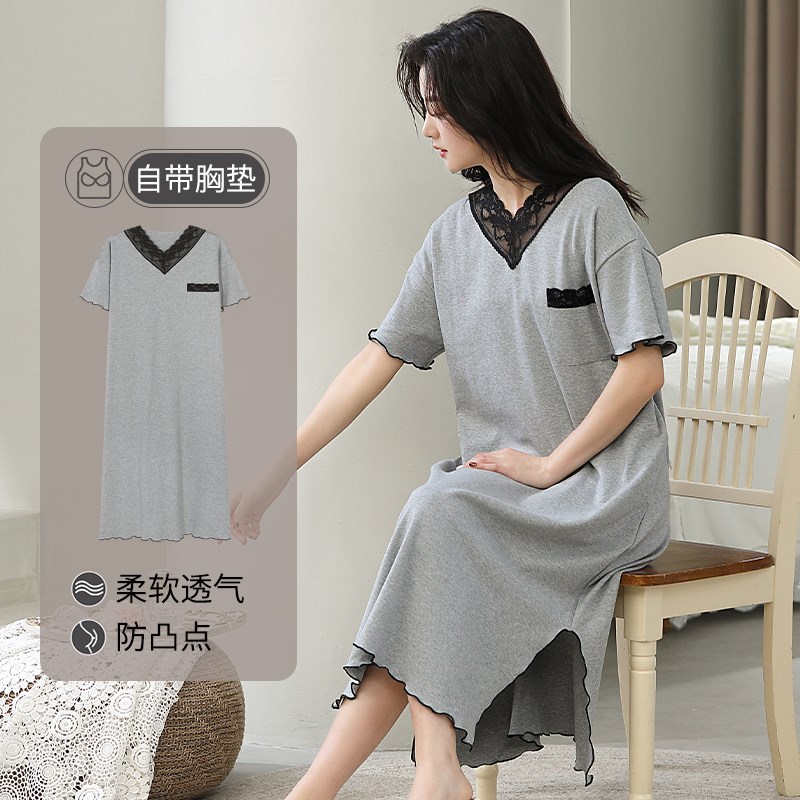 速发睡衣夏季纯棉带胸垫中长款睡裙学生少夏天薄款家居服外穿