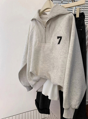 速发半拉链设计感卫领overs外ze大码复古潮秋冬上衣翻衣加绒i套