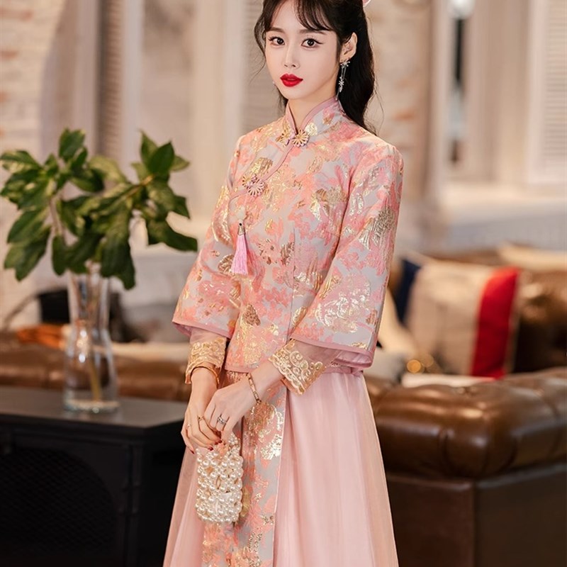速发婚礼中式伴春服娘季长袖2子25新款中国风旗袍小个0姐妹裙小众