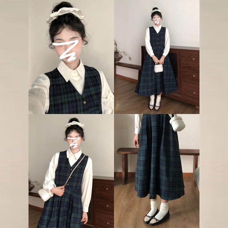速发202套新款早白初色格子背带连衣裙小个子穿搭一整4装长裙
