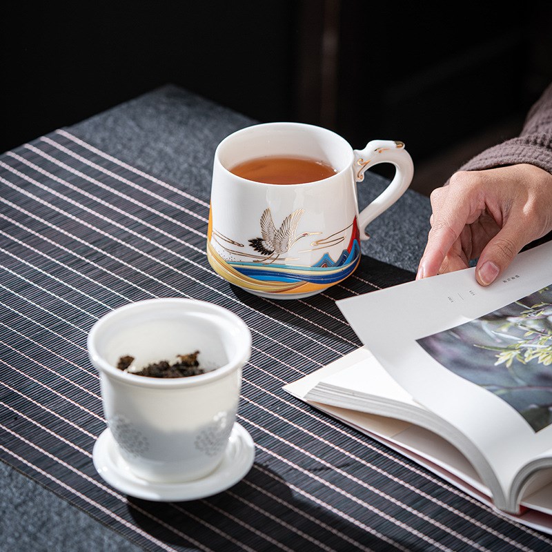 速发羊脂玉白瓷茶马分离三件套办公杯水克杯个人杯大号礼盒g礼品l