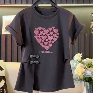 速发新中式国风腰扣爱恤2024夏季新款大码胖妹妹mmt心收盘上衣