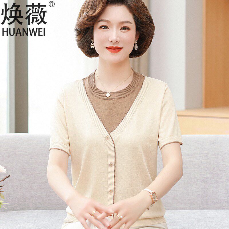 速发妈妈夏款新装衣恤针织小衫中老年装夏季上t服时尚套装